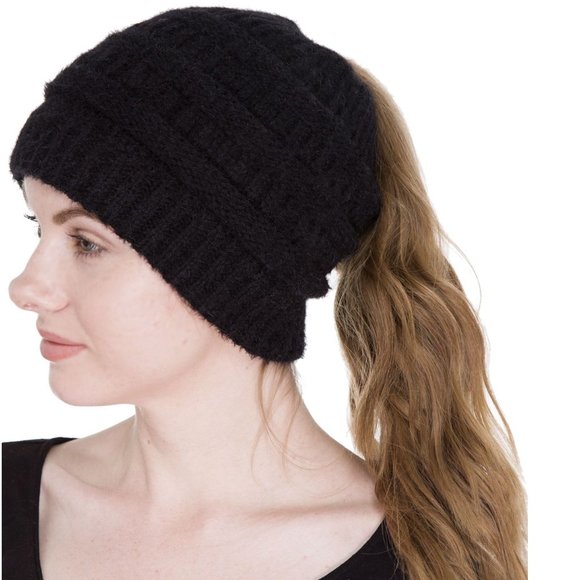 COPY - WOMENS BLACK KNITTED PONYTAIL BEANIE - NWT - OSFA - Picture 4 of 7